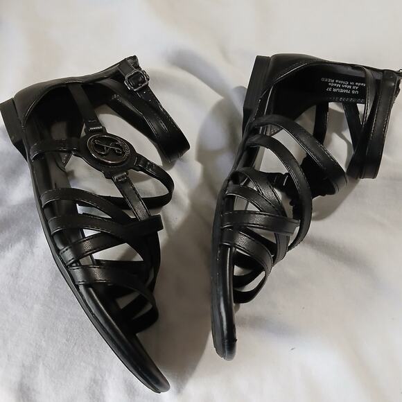 Sam & Libby Sandals W 7 Black Reed Strappy Flat Back Zip Casual Faux Leather - Picture 1 of 16